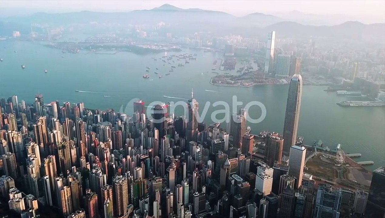 Aerial top view of Hong Kong Downtown, China in urban city in Asia. Skyscrapers high-rise buildings.