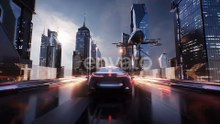 Futuristic Car Riding On Endless Road With Skyscrapers Cinematic Background Loop