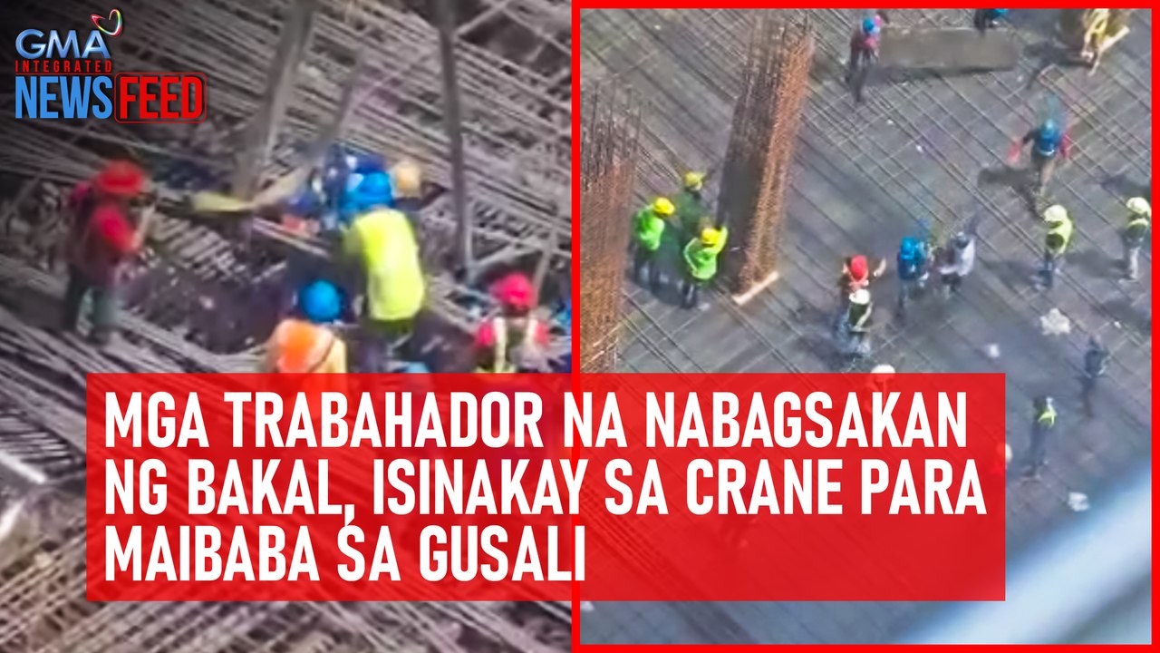 Mga trabahador na nabagsakan ng bakal, isinakay sa crane para maibaba sa gusali | GMA Integrated Newsfeed