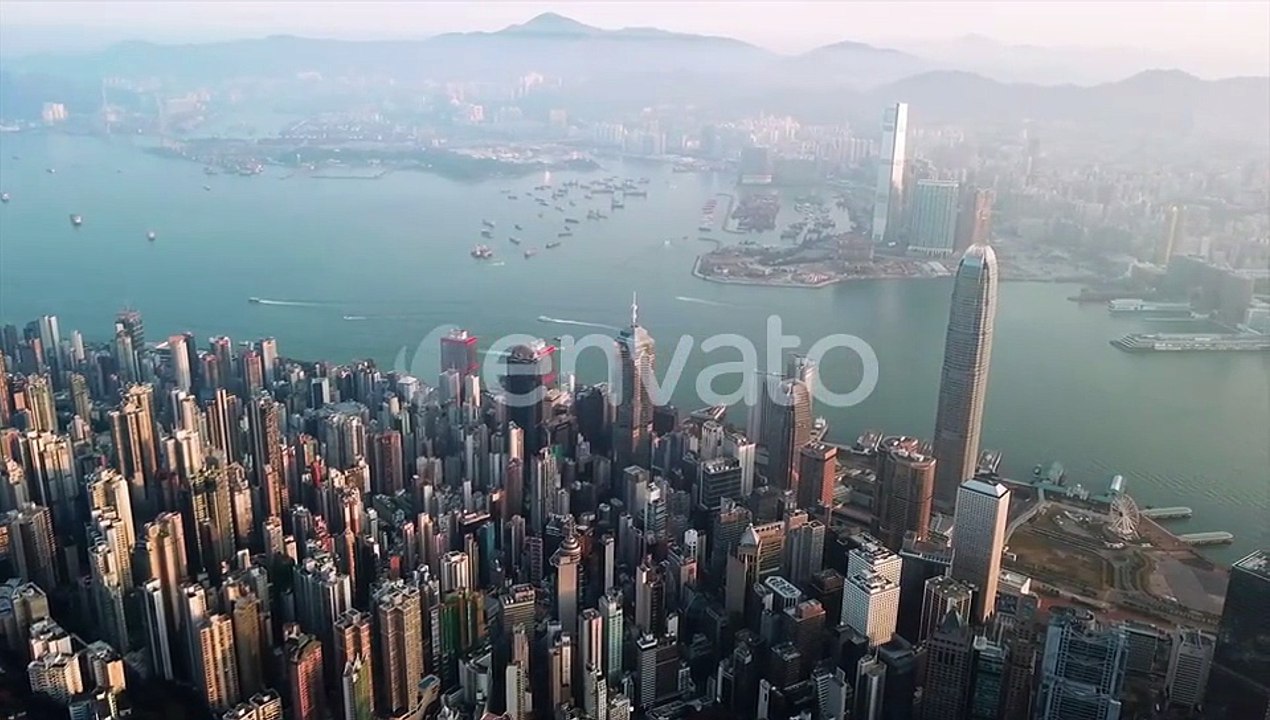 Aerial top view of Hong Kong Downtown, China in urban city in Asia. Skyscrapers high-rise buildings.
