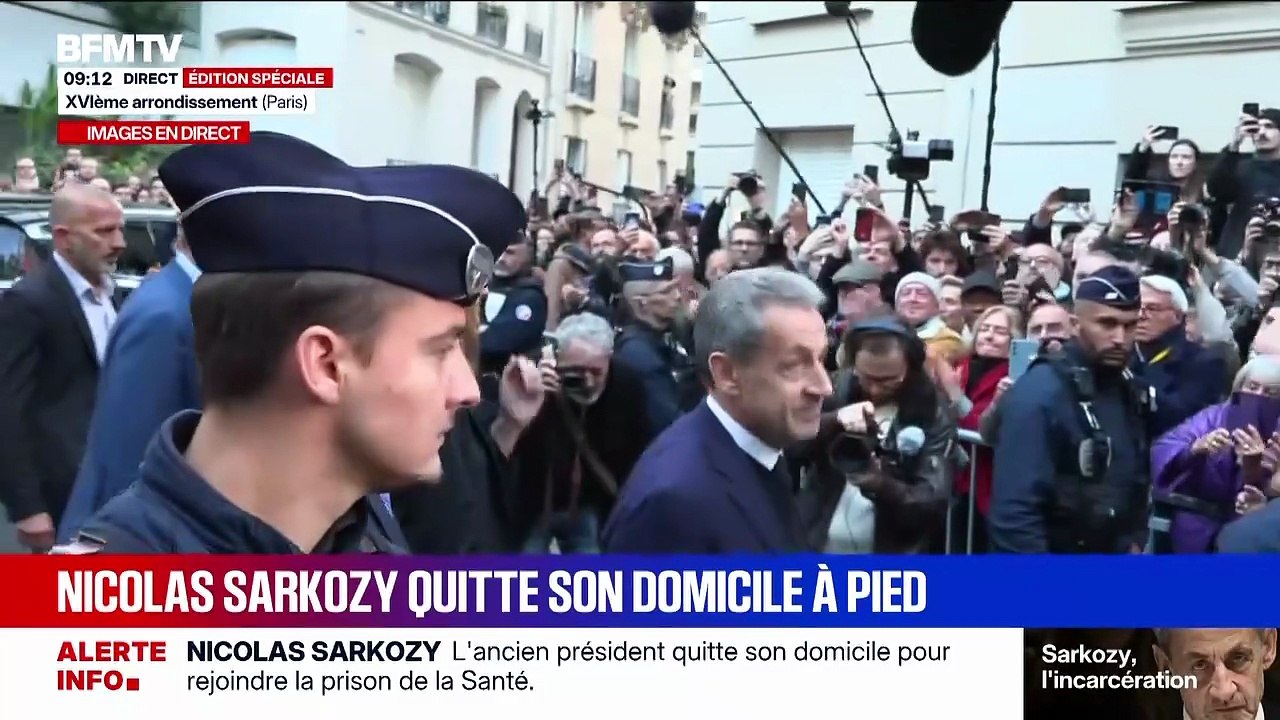 Extrait vidéo de BFMTV devant le domicile de Nicolas et Carla Sarkozy. Photo : Aurélien Enthoven (fils de Carla Bruni), Jean Sarkozy et Giulia Sarkozy - Le clan Sarkozy à la sortie du domicile de Nicolas Sarkozy domicile parisien avant son incarcérati