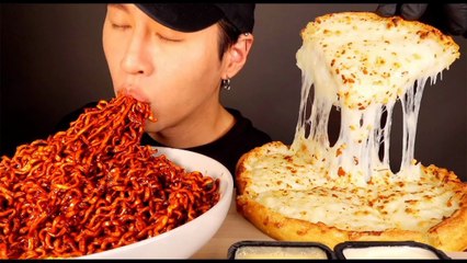 ASMR MUKBANG| BLACK BEAN FIRE NOODLES, EXTRA CHEESE PIZZA