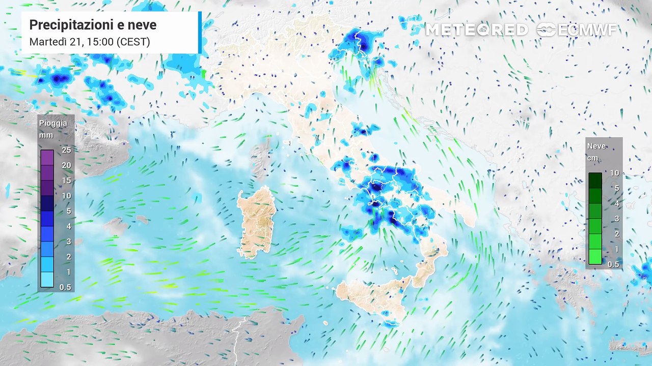 Mappa relativa alle precipitazioni in arrivo sull'Italia