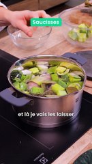 Poireaux brûlés, saucisses et bleu d'Auvergne