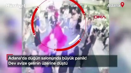 Adana'da düğün salonunda büyük panik! Dev avize gelinin üzerine düştü
