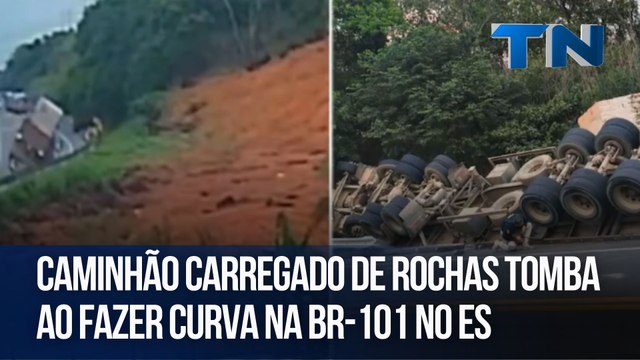 Caminhão carregado de rochas tomba ao fazer curva na BR-101 no ES