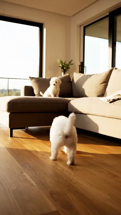 A heartwarming  slow motion video captures two impossibly fluffy white puppies likely Maltese or Bic