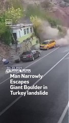 Man Narrowly Escapes Giant Boulder in Turkey Landslide