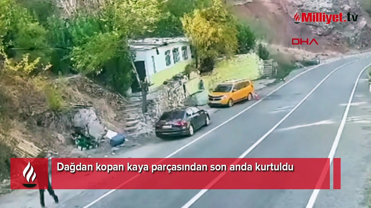 Dağdan kopan kaya parçasından son anda kurtuldu