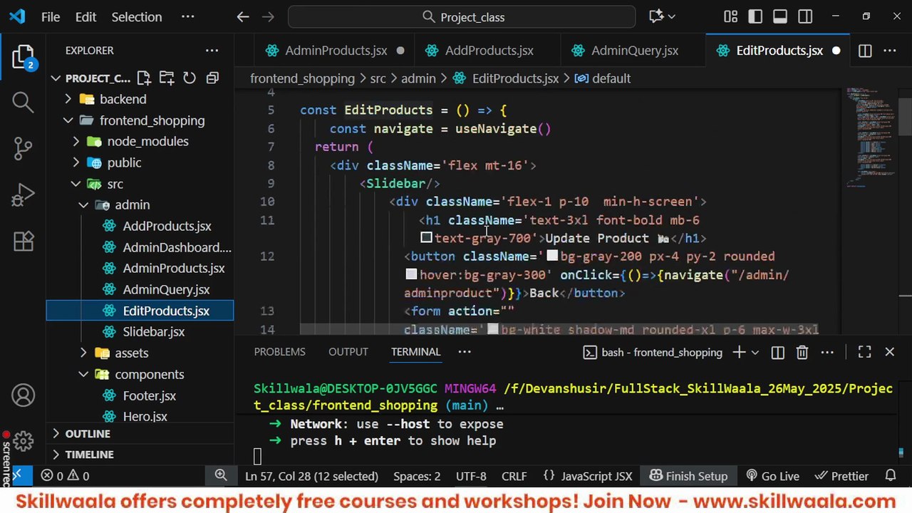 📖 Today’s Class: Building Complete Admin Panel (Frontend UI) 📅 Skillwaala’s Free Full Stack Web Development Course
