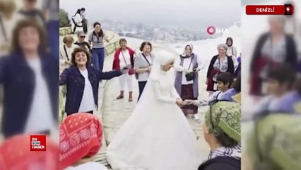 Denizli'de düğün çekimine gelen çift için turistler takı kuyruğu oluşturdu