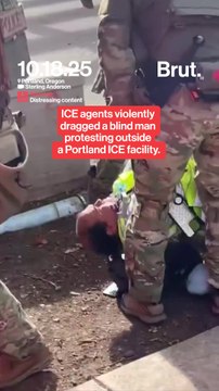 ICE agents violently drag a blind man protesting outside a Portland ICE facility.