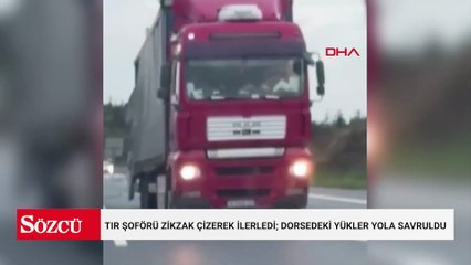 TIR şoförü zikzak çizerek ilerledi; dorsedeki yükler yola savruldu
