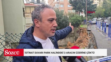 Maltepe'de istinat duvarının park halindeki 3 aracın üzerine çöktüğü anlar kamerada