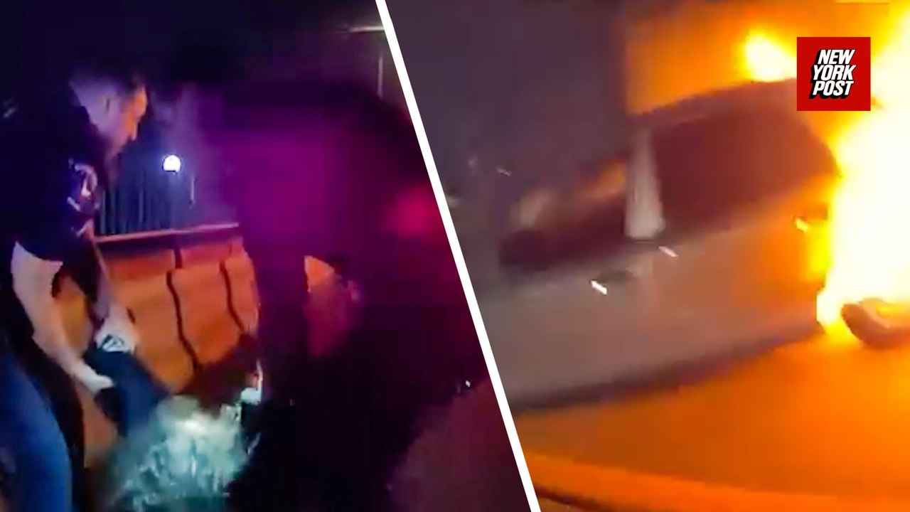 Hero cop rescues woman from burning car after late-night highway crash