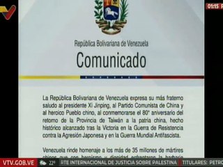 Comunicado | Venezuela celebra el 80° aniversario del retorno de la Provincia de Taiwán a China