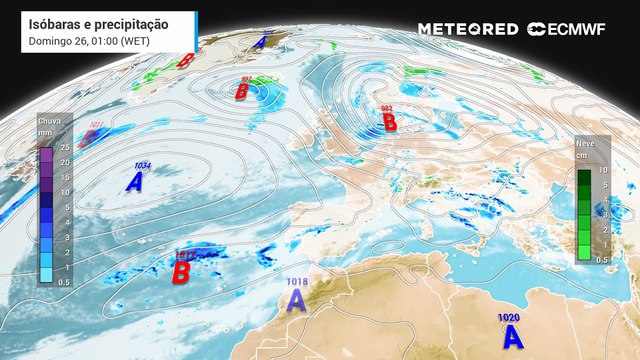 Entre segunda e quarta-feira, encontramos uma sucessão de condições meteorológicas diversas. Depois de uma segunda-feira sem precipitação, terça-feira regressa em força ao território nacional, podendo chegar a 70 mm de acumulação no Sul.