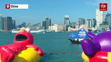 Giant Inflatable Labubu, Elmo Float On Hong Kong's Victoria Harbour