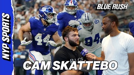 Giants' Cam Skattebo reacts to his touchdown against Dallas