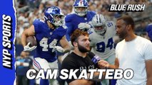 Giants' Cam Skattebo reacts to his touchdown against Dallas