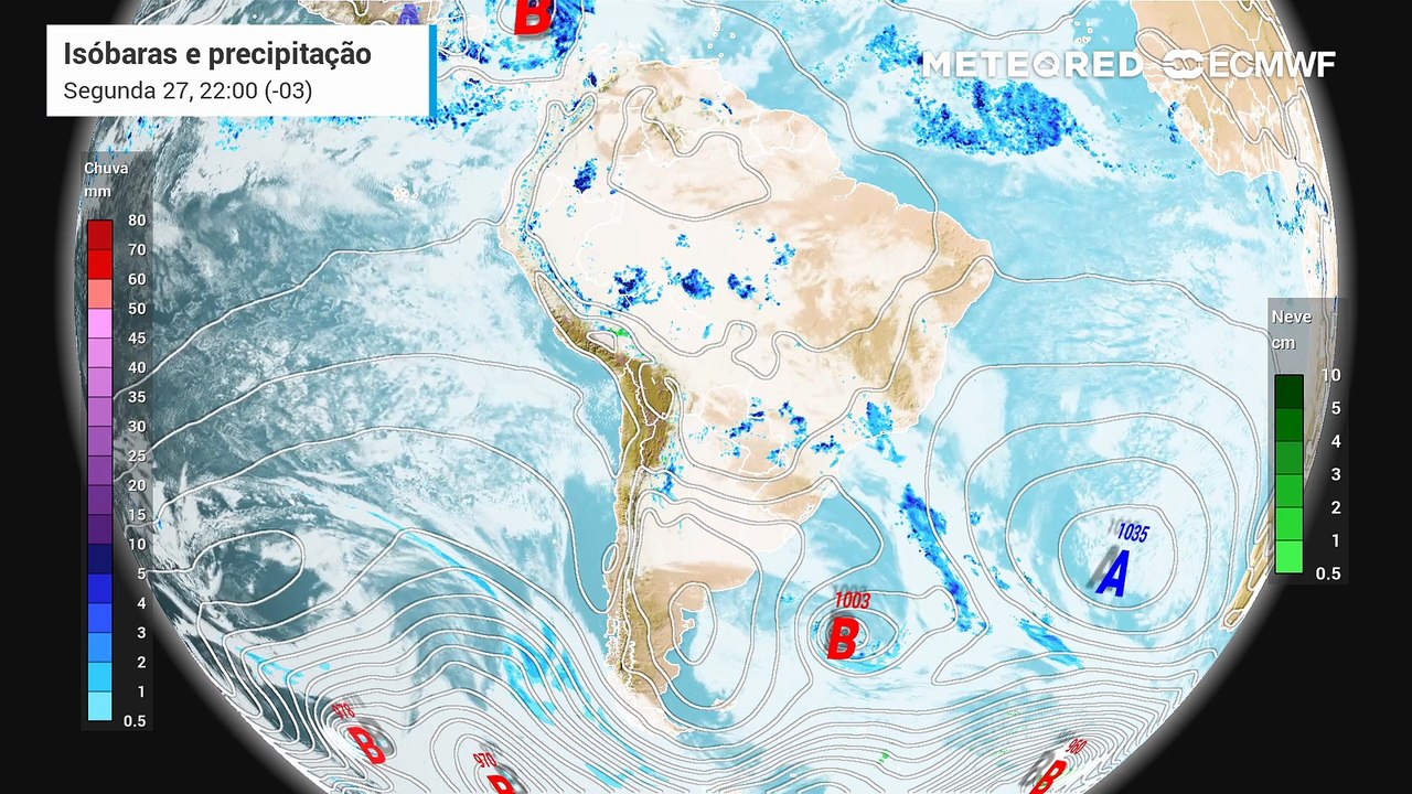 Segunda-feira, 27 de outubro: Previsão de nebulosidade, precipitação e pressão a nível médio do mar.