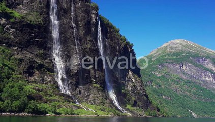 The Sven sisters waterfall - an iconic feature of the Geiranger fjord, Norway. Seven steams falling
