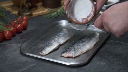 59 Battered mackerel with tofu and baby corn.