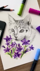 Dessin d'un chat au crayon graphite et à l'aquarelle