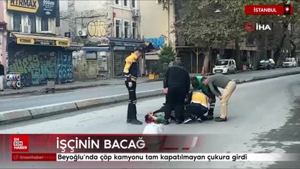 Beyoğlu'nda çöp kamyonu İSKİ'nin çalışması sonrası tam kapatılmayan çukura girdi