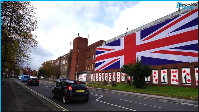 Giant union jack flag on the old North East Derbyshire District Council building in Chesterfield
