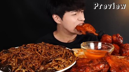 ASMR MUKBANG | SPICY BLACK BEAN NOODLES & SPICY BBQ CHICKEN | ASMR EATING COMPILATION