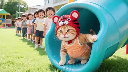 Tiger-Hat Kitten Stuck in Slide! 😹 Teased for Big Belly, Goes on a Diet and Nearly Faints 🐱💔