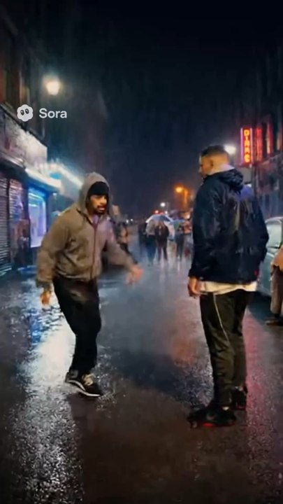 Two guys having a dance battle in the rain