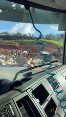 Carreta que transportava MDF tomba no interior de Alagoas e populares saqueiam carga