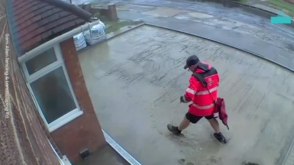 Postman Delivers Mail Over Wet Concrete