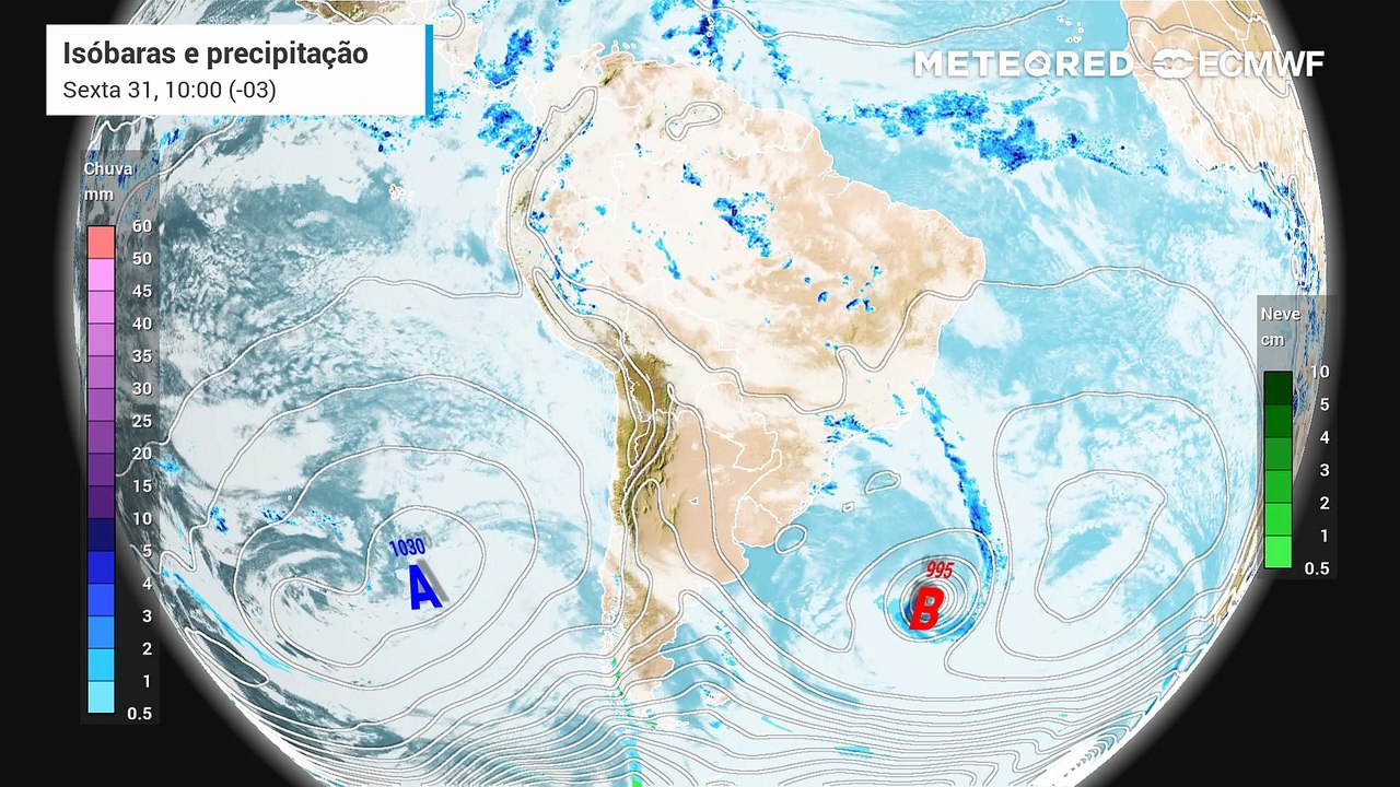 Sexta-feira, 31 de outubro: Previsão de nebulosidade, precipitação e pressão a nível médio do mar entre sexta (31) e domingo (2)