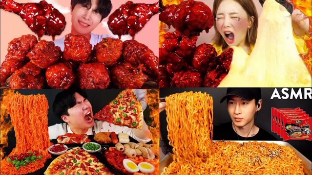 ASMR SPICY FRIED CHICKEN & NUCLEAR FIRE NOODLES | MUKBANG EATING COMPILATION