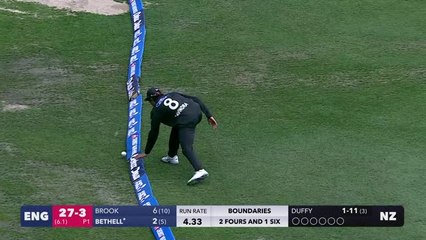 Rachin Ravindra fumbles ball over the rope for four