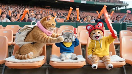 Tiger-Hat Kitten Catches the Baseball! ⚾🐱 Silver Gradient Cheers Loudly from the Sidelines 🎉🐾