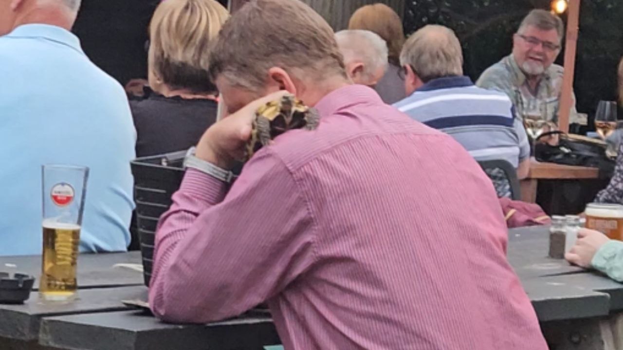 Guy sits on a table and cuddles his pet turtle during a beer festival