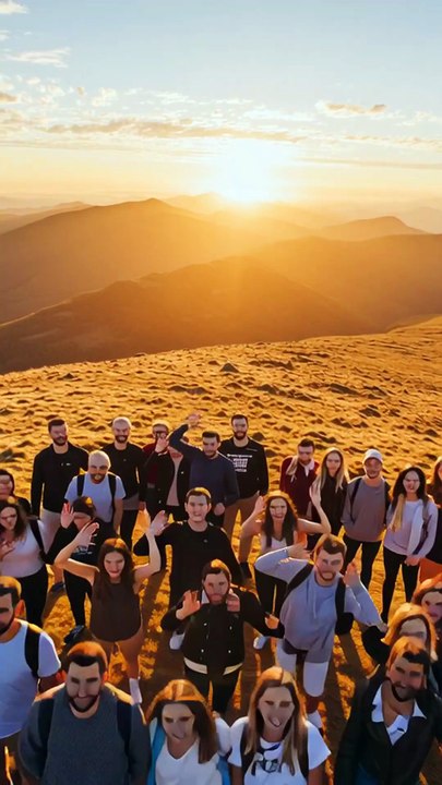 A group of people stand together on the mountaint