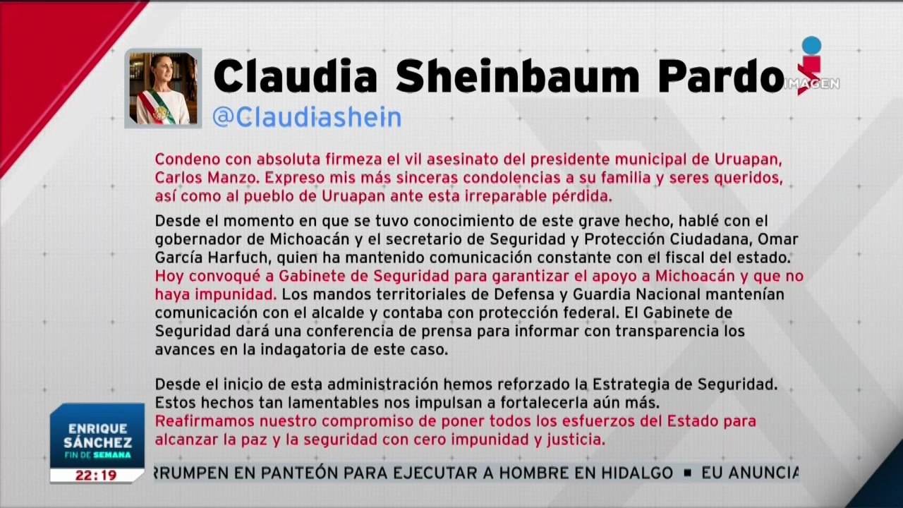 Claudia Sheinbaum condena el asesinato de Carlos Manzo