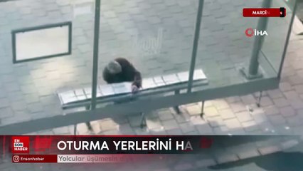 Mardin'de duyarlı vatandaş yolcular üşümesin diye durağın oturma yerlerini halıyla kapladı