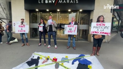 Mouv'Enfants organise une action contre Shein devant le BHV à Paris