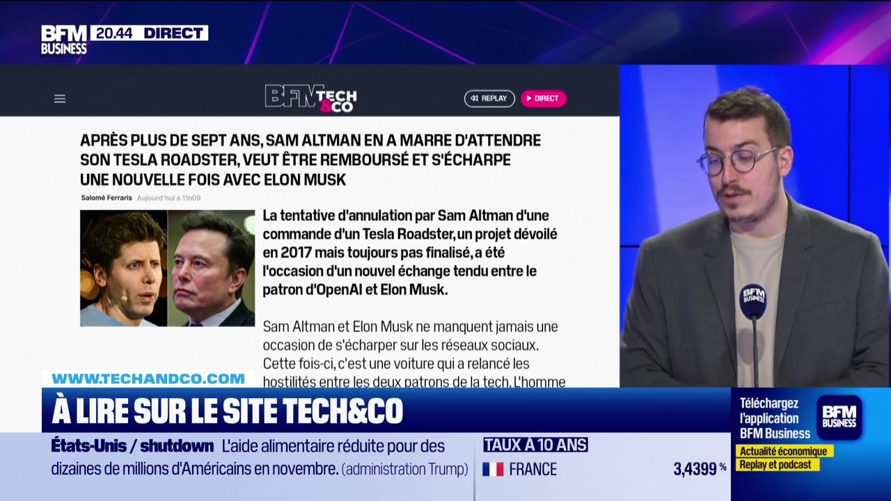 À lire sur le site Tech&Co : Après plus de sept ans, Sam Altman en a marre d'attendre son Tesla Roadster, veut être remboursé et s'écharpe une nouvelle fois avec Elon Musk, par Sylvain Trinel - 03/11