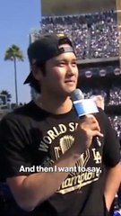 Shohei Ohtani addresses fans in English during the Dodgers World Series celebration