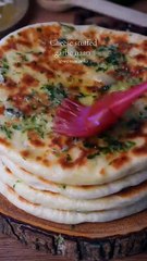 Cheese stuffed garlic naan served with butter chicken