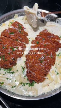 Creamy garlic Parmesan pasta with crispy chicken cutlets