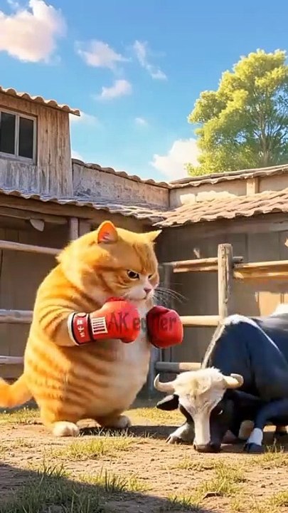 Cat cow fighting Bear enjoy