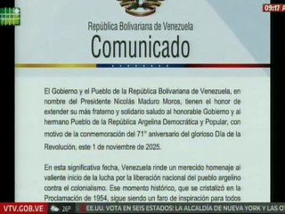 Venezuela celebra junto a la República Argelina el 71° aniversario del Día de la Revolución